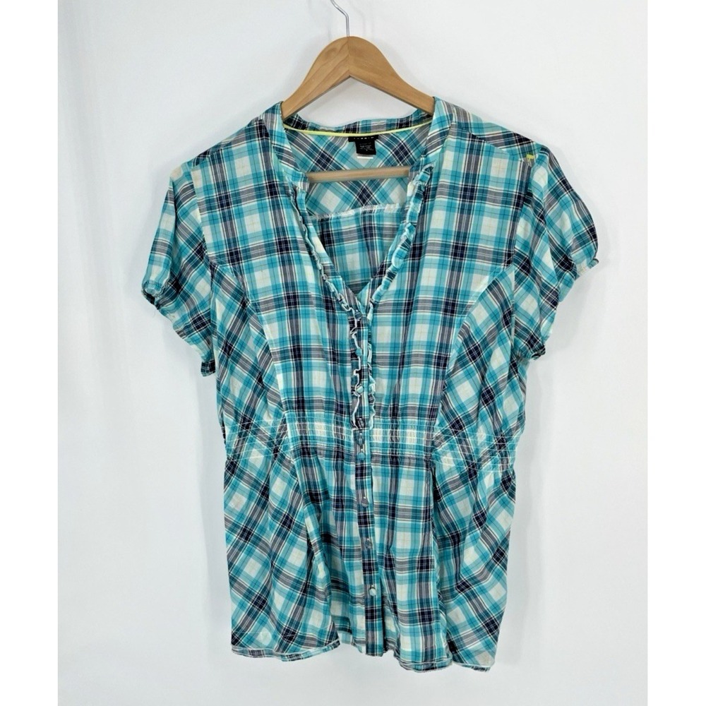 Torrid Blouse Woman Size 3 Green/Blue Plaid Button Front Ruffle Elastic Waist
